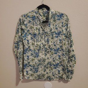 J.crew white blue floral smocked ruffled button up long sleeve shirt top
